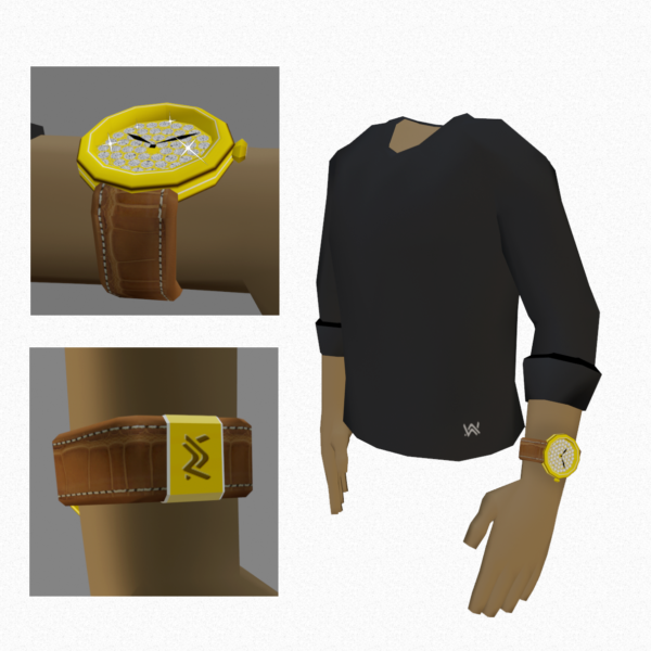 Digital Fashion. NFT Wearable for the Decentraland Metaverse Diamond Watch and Walt Adler Black Tshirt